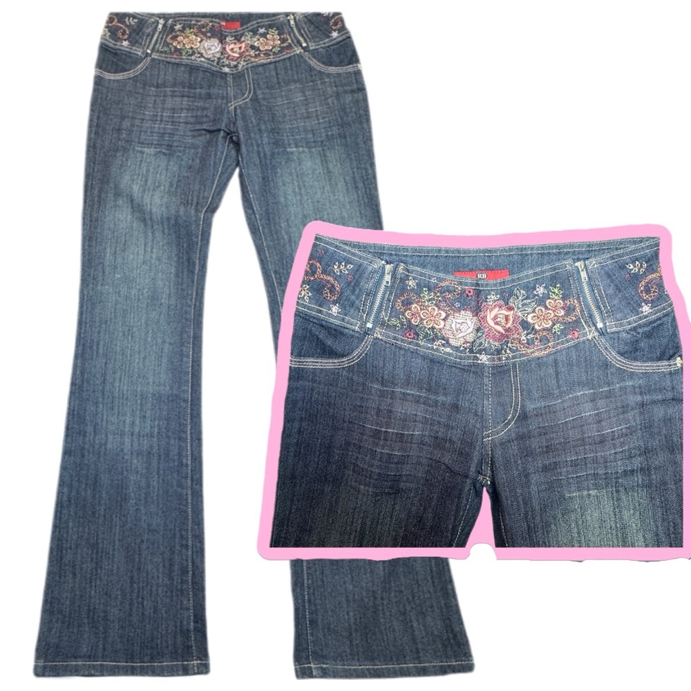 Rainbow Fairy Womens Y2K Flare Jeans Embroidered Low Rise Size 6 Floral Boho